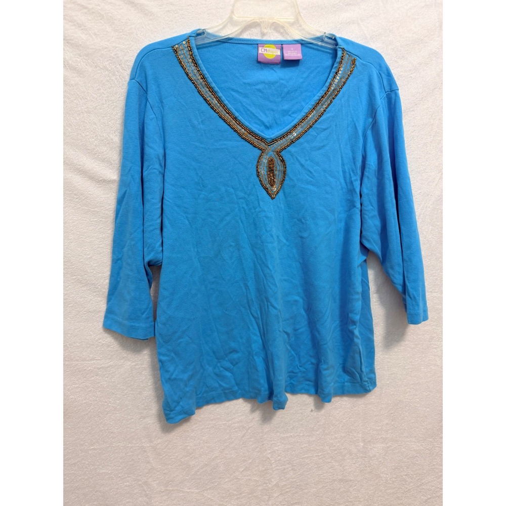 CMshapes Women Blue Beaded V-Neck 100% Cotton 3/4 Sleeve Top Size 1X